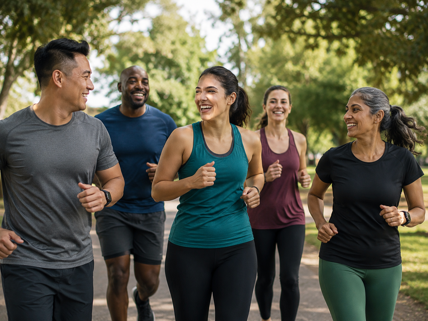 Eine Laufgruppe im grünen Stadtpark